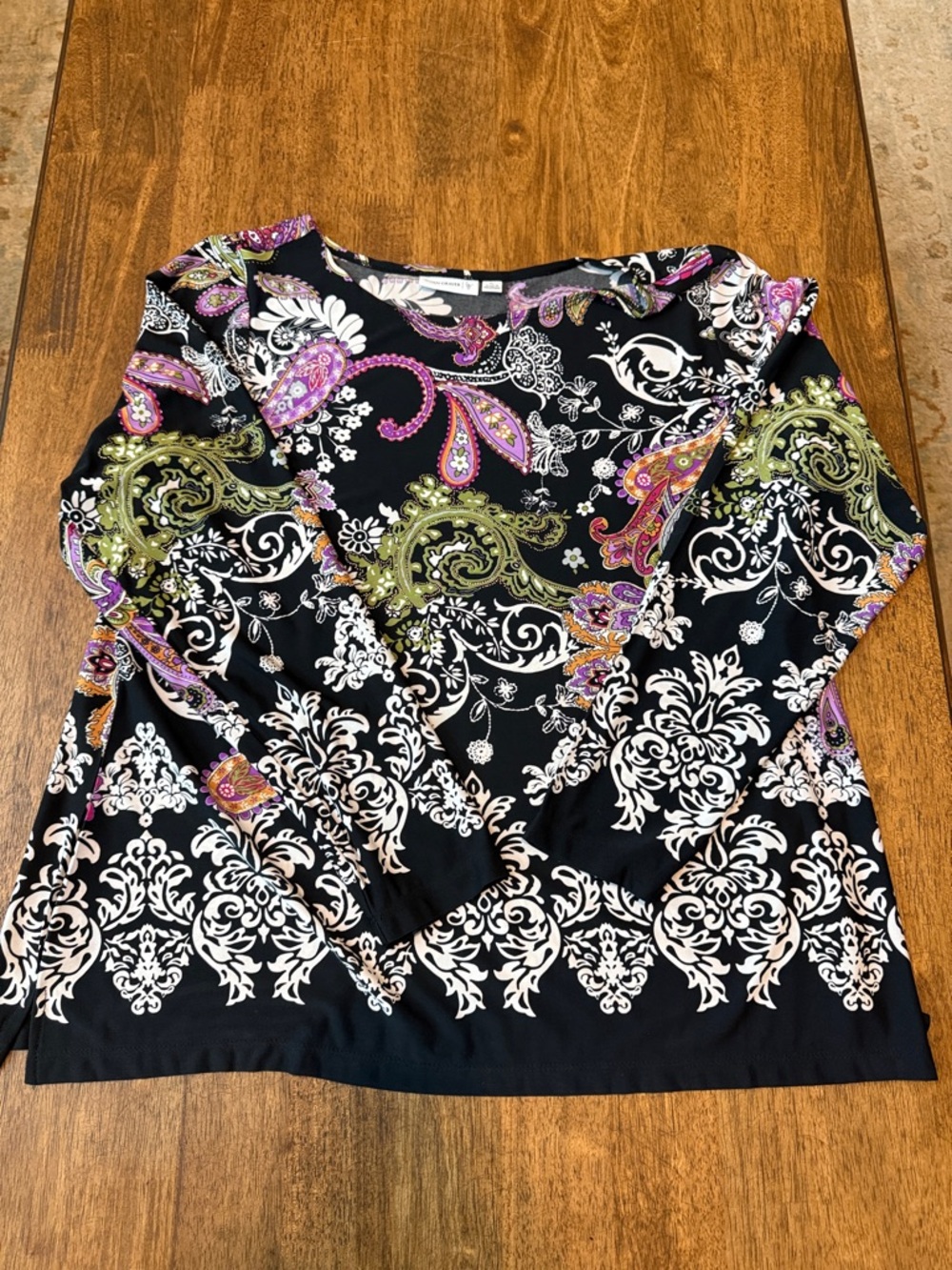 Susan Graver Black Long Sleeve Top with Purple & Green Paisley